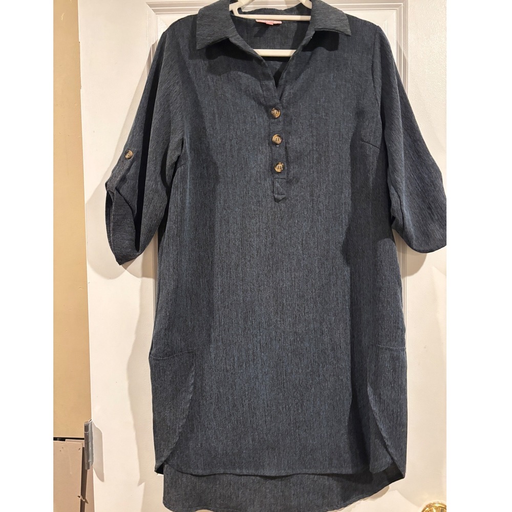 Women Boutique Charcoal Gray Roll Tab Sleeve Shift Dress Small Business Casual